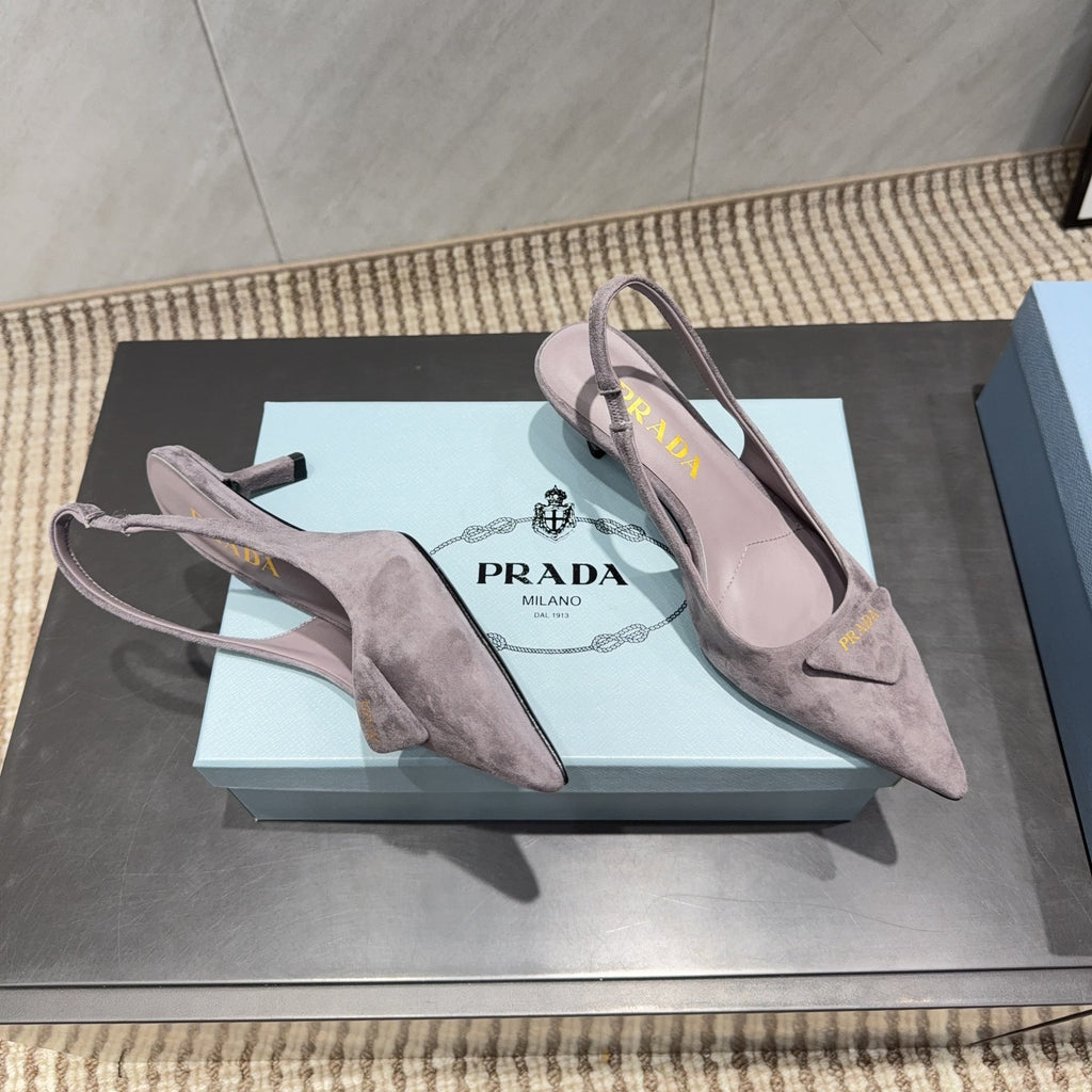 PRADA 26S POINTED TOE SLINGBACK HIGH HEELS 55MM IN TAUPE BROWN SUEDE WITH LOGO