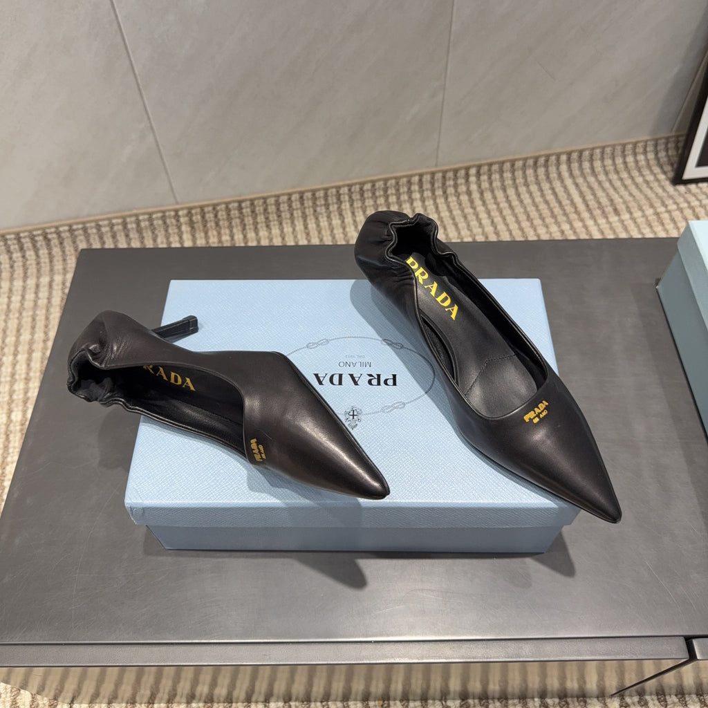 PRADA 26S POINTED TOE PUMPS 55MM IN BLACK SHEEPSKIN WITH LOGO