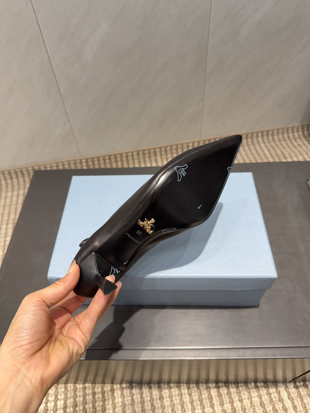 PRADA 26S POINTED TOE PUMPS 55MM IN BLACK SHEEPSKIN