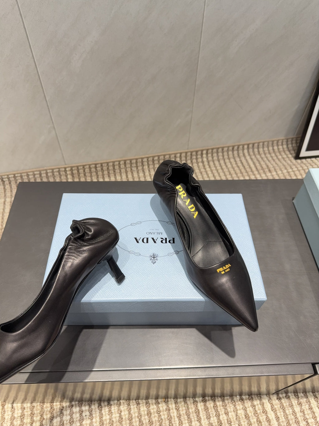 PRADA 26S POINTED TOE PUMPS 55MM IN BLACK SHEEPSKIN