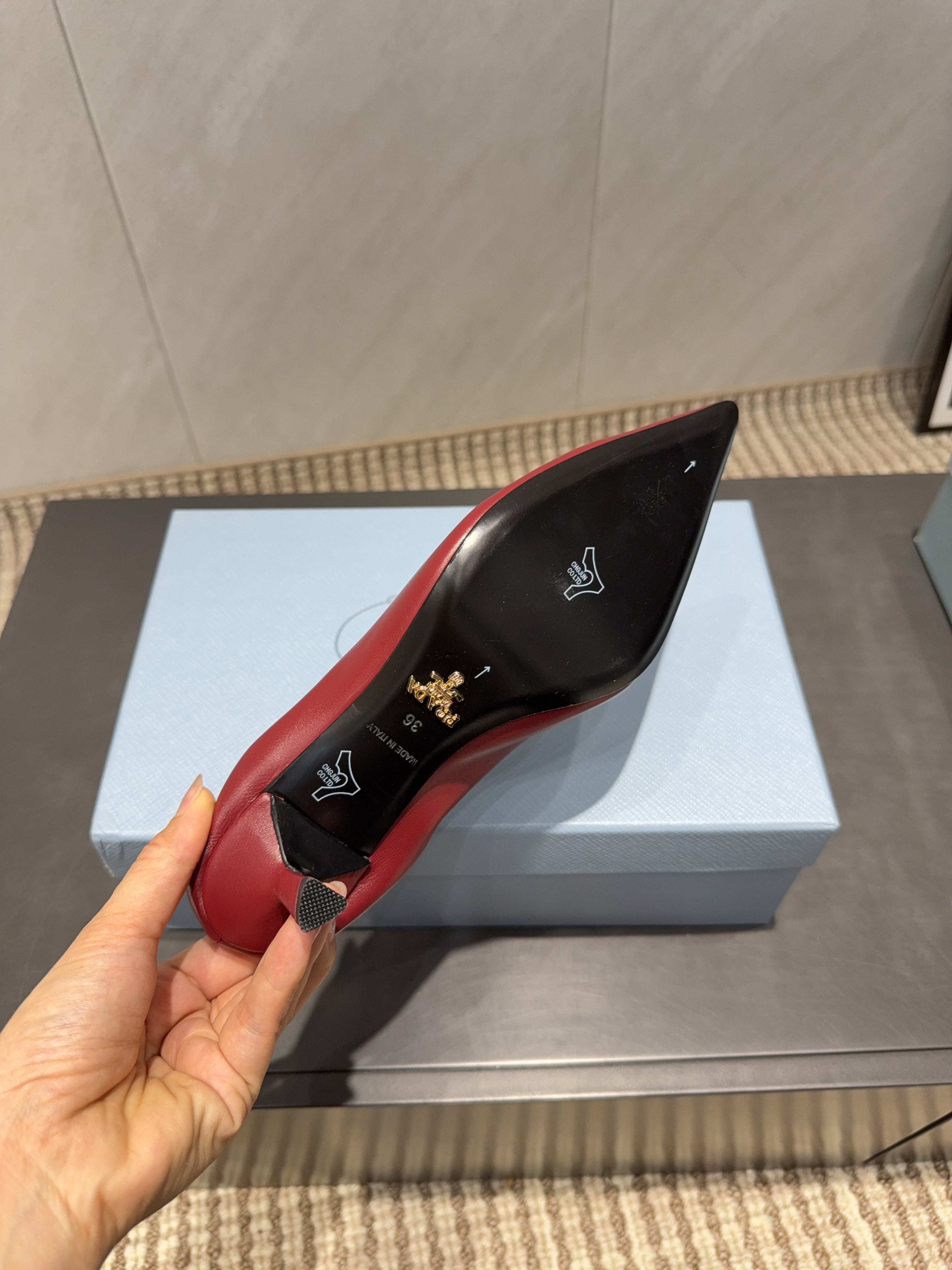 PRADA 26S POINTED TOE PUMPS 55MM IN DEEP WINE RED SHEEPSKIN