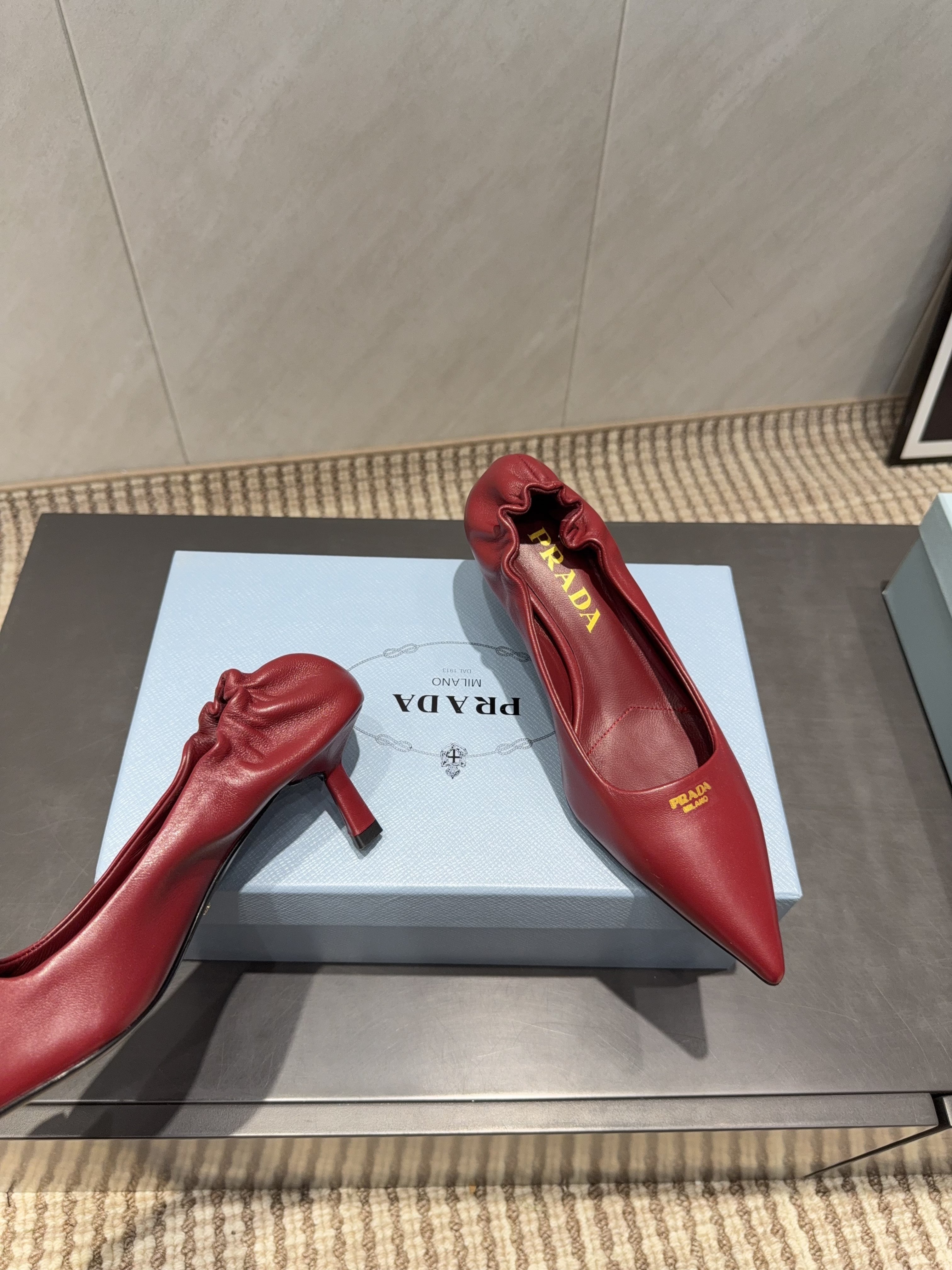 PRADA 26S POINTED TOE PUMPS 55MM IN DEEP WINE RED SHEEPSKIN