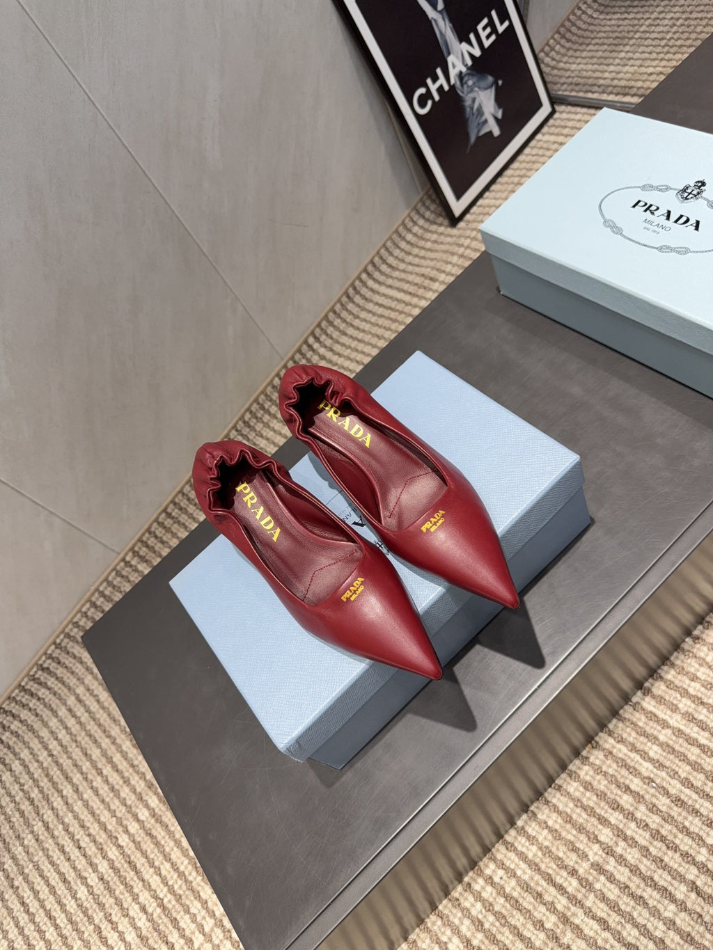 PRADA 26S POINTED TOE PUMPS 55MM IN DEEP WINE RED SHEEPSKIN WITH LOGO