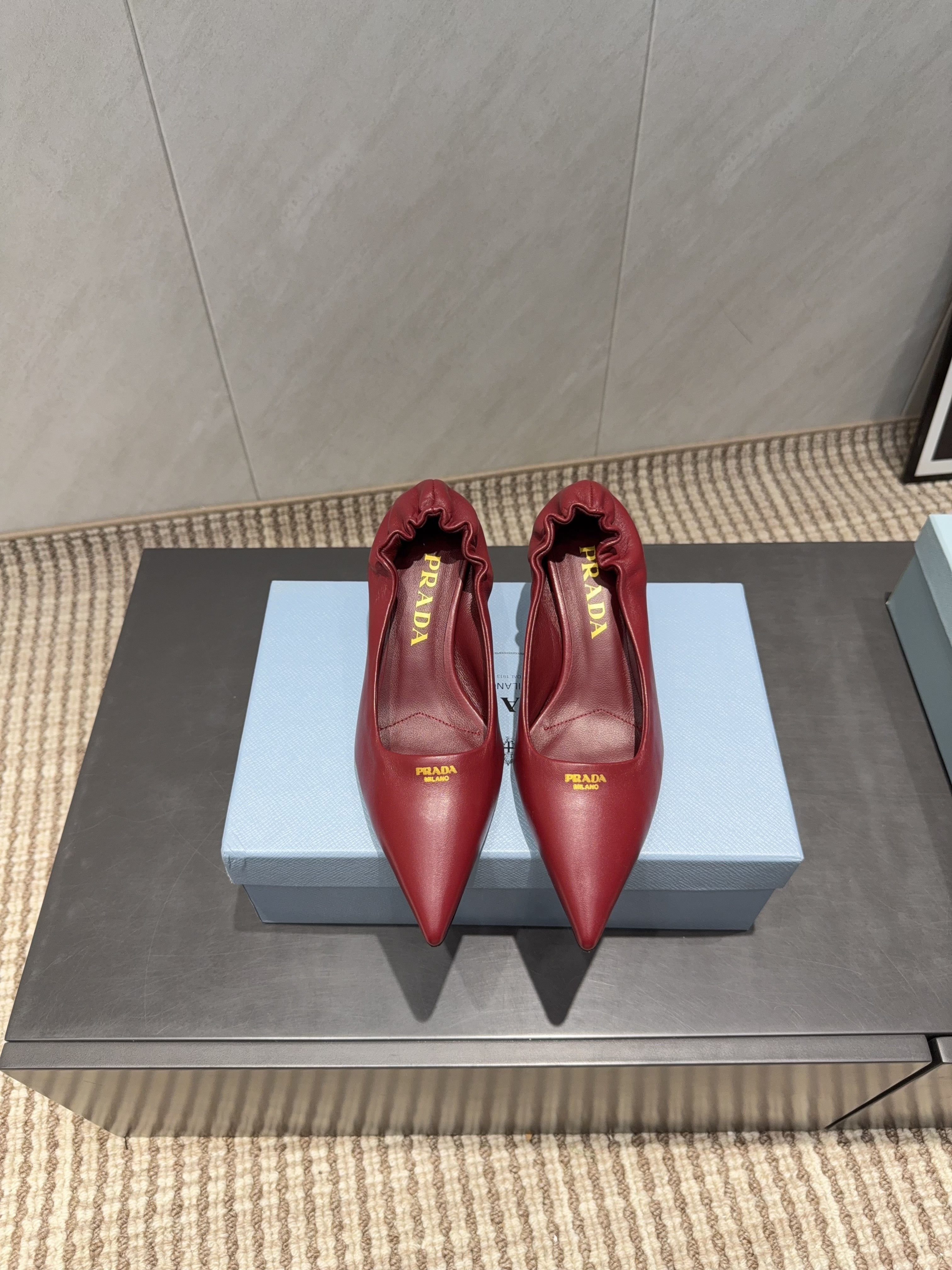 PRADA 26S POINTED TOE PUMPS 55MM IN DEEP WINE RED SHEEPSKIN