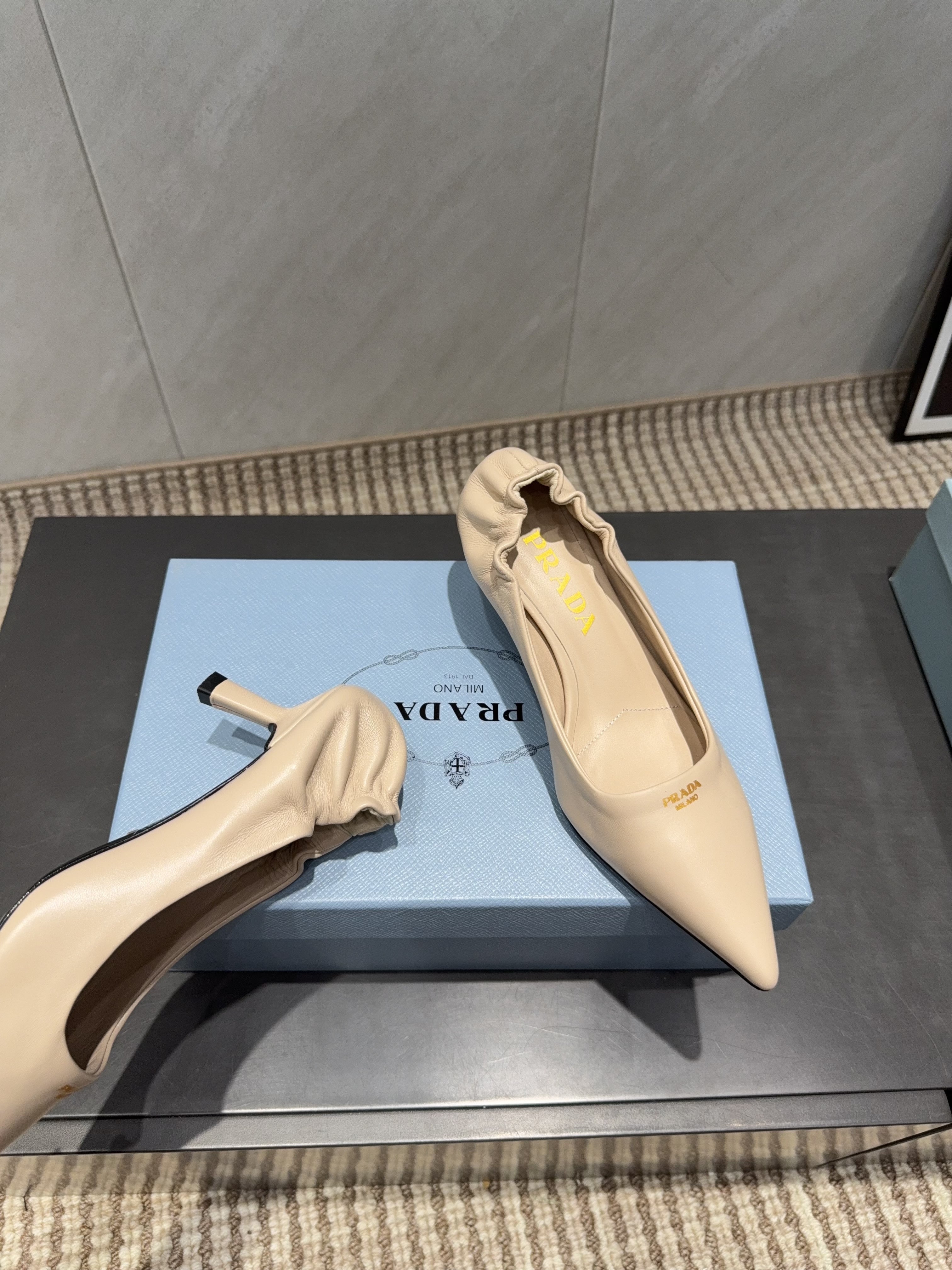 PRADA 26S POINTED TOE PUMPS 55MM IN NUDE SHEEPSKIN