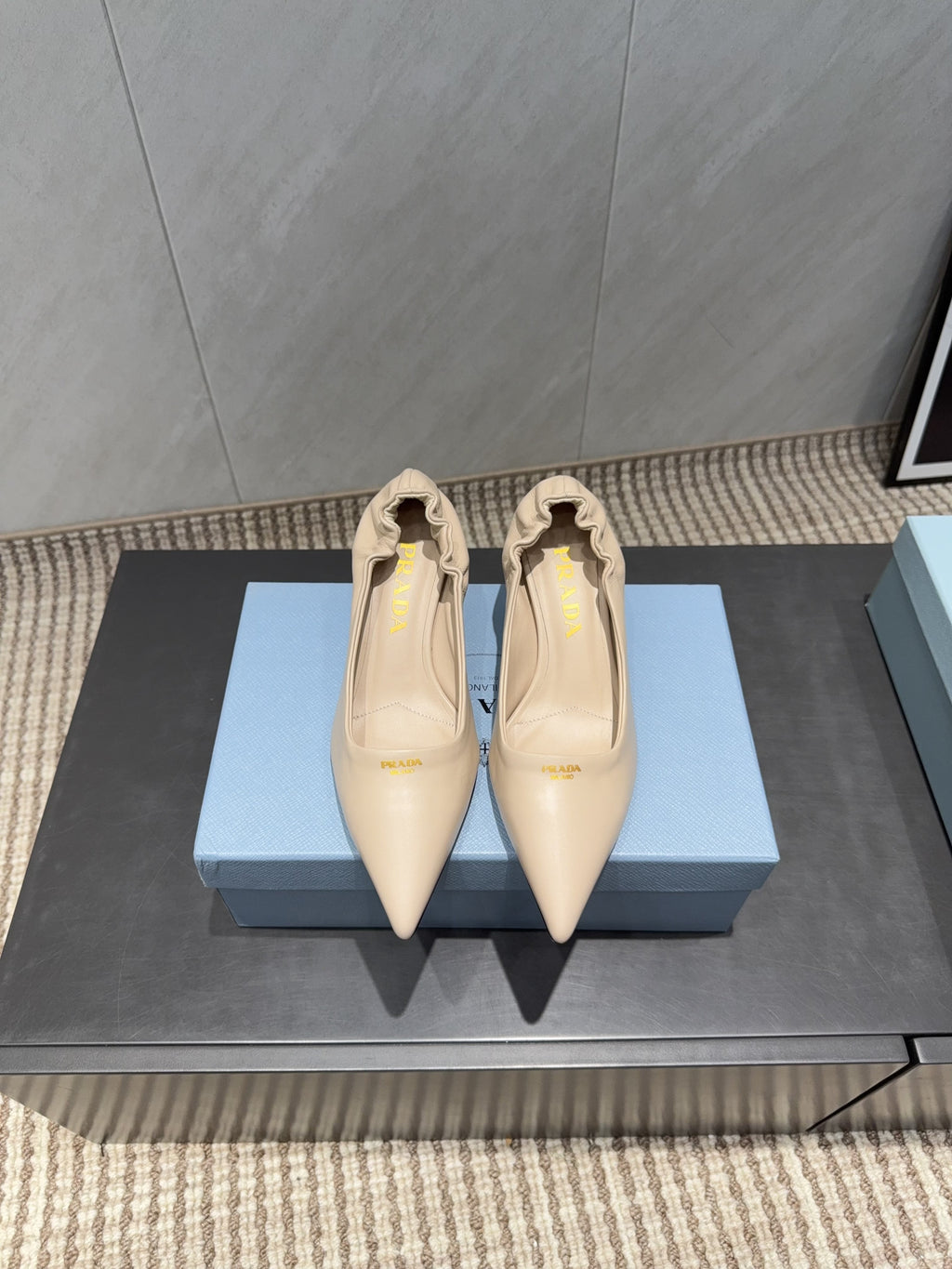PRADA 26S POINTED TOE PUMPS 55MM IN NUDE SHEEPSKIN