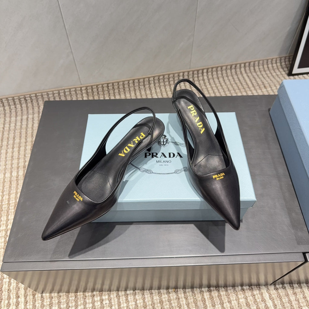 PRADA 26S POINTED TOE SLINGBACK HIGH HEELS 55MM IN BLACK SHEEPSKIN