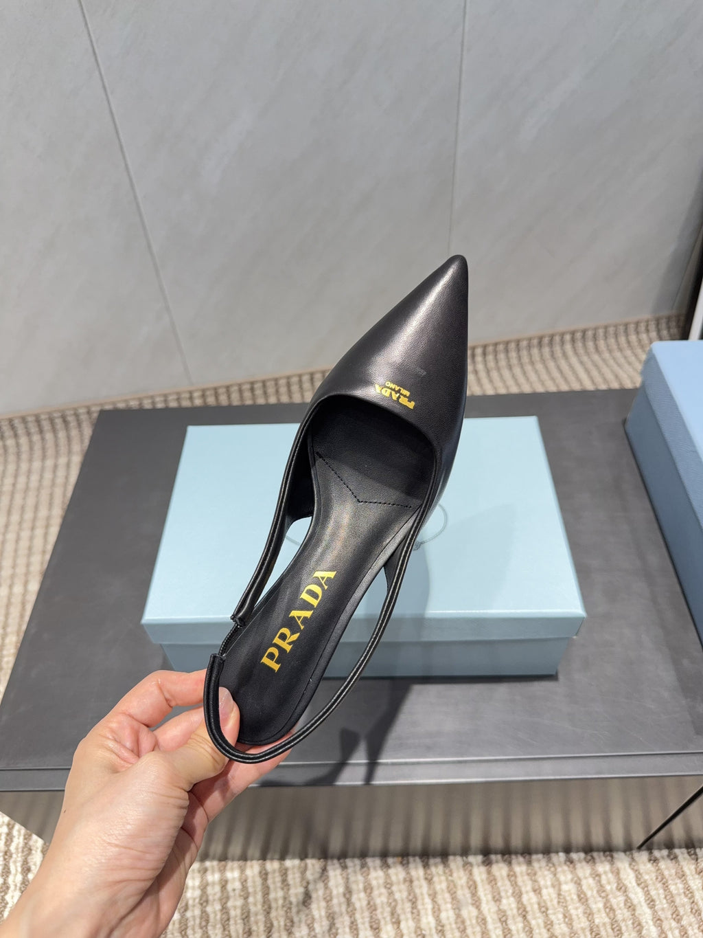 PRADA 26S POINTED TOE SLINGBACK HIGH HEELS 55MM IN BLACK SHEEPSKIN
