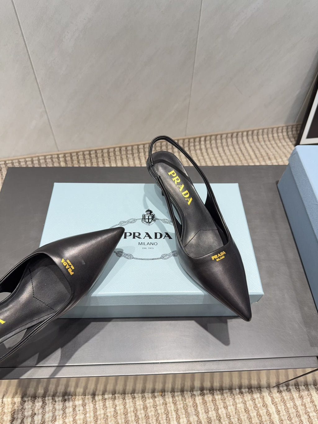 PRADA 26S POINTED TOE SLINGBACK HIGH HEELS 55MM IN BLACK SHEEPSKIN