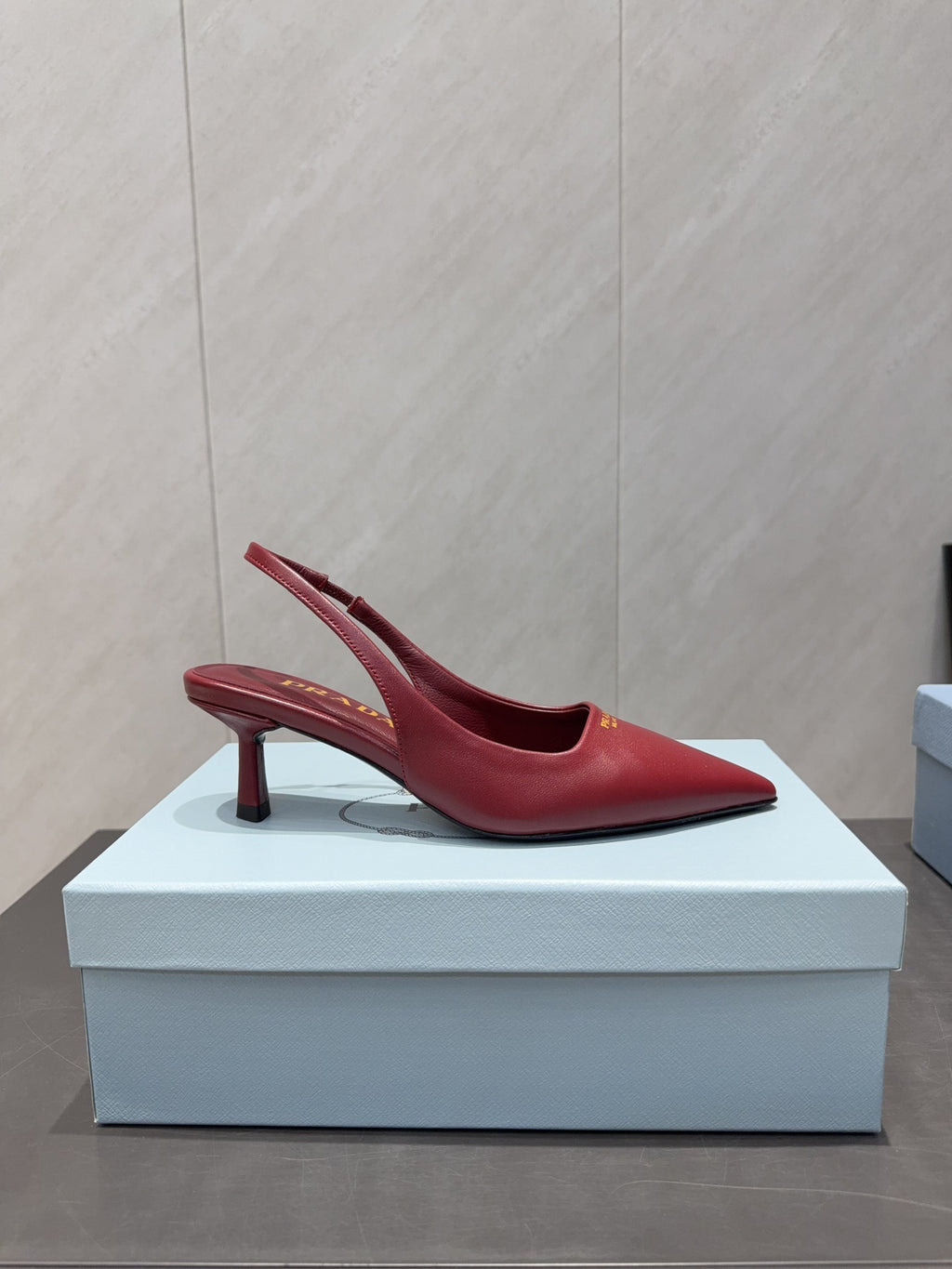 PRADA 26S POINTED TOE SLINGBACK HIGH HEELS 55MM IN DARK RED SHEEPSKIN