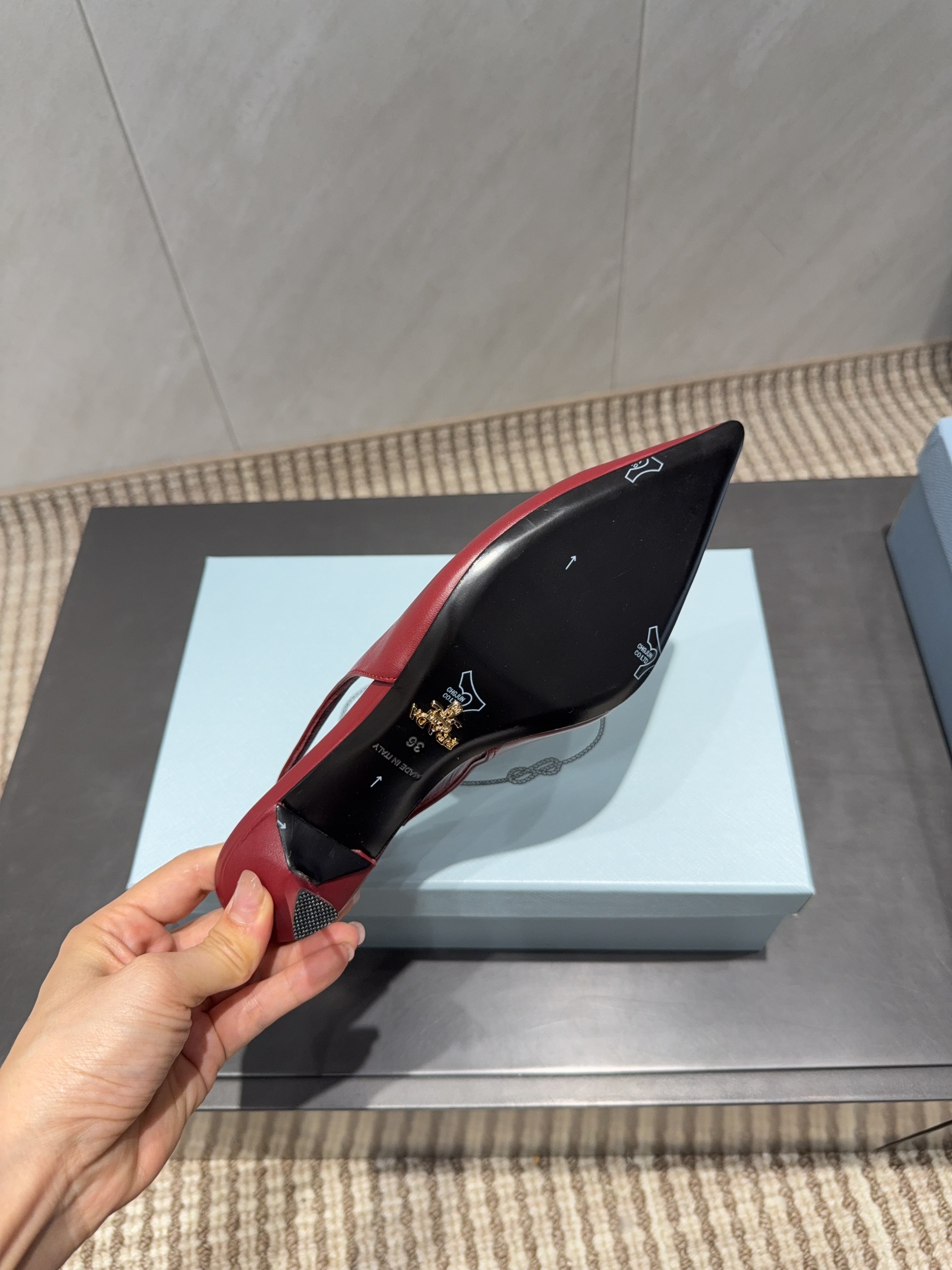 PRADA 26S POINTED TOE SLINGBACK HIGH HEELS 55MM IN DARK RED SHEEPSKIN