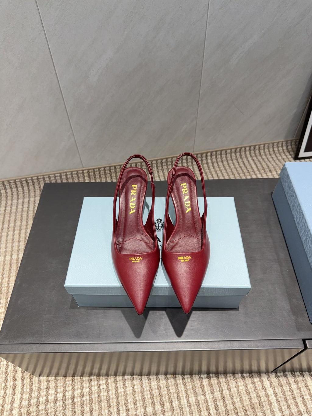 PRADA 26S POINTED TOE SLINGBACK HIGH HEELS 55MM IN DARK RED SHEEPSKIN