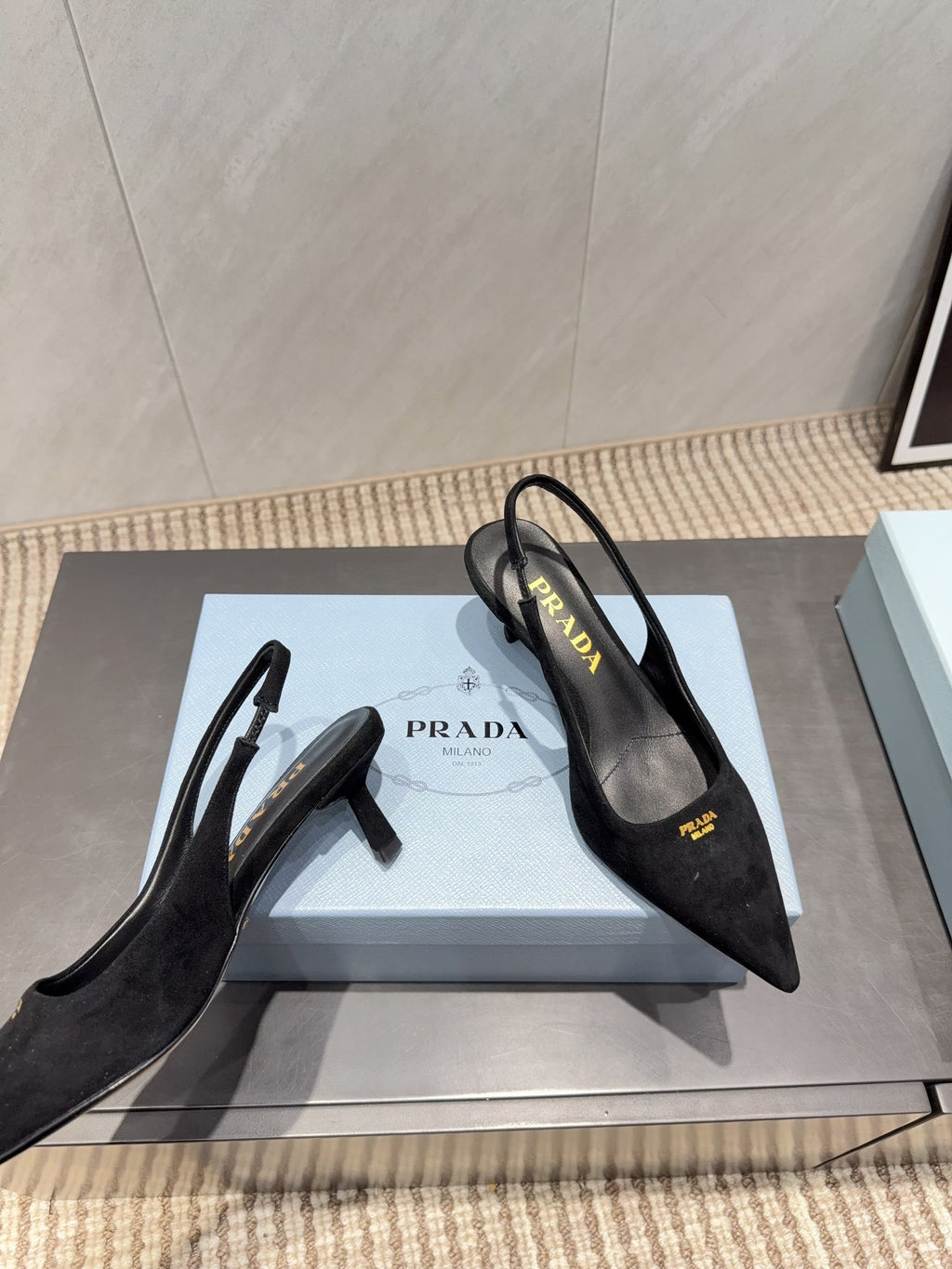 PRADA 26S POINTED TOE SLINGBACK HIGH HEELS 55MM IN BLACK SUEDE
