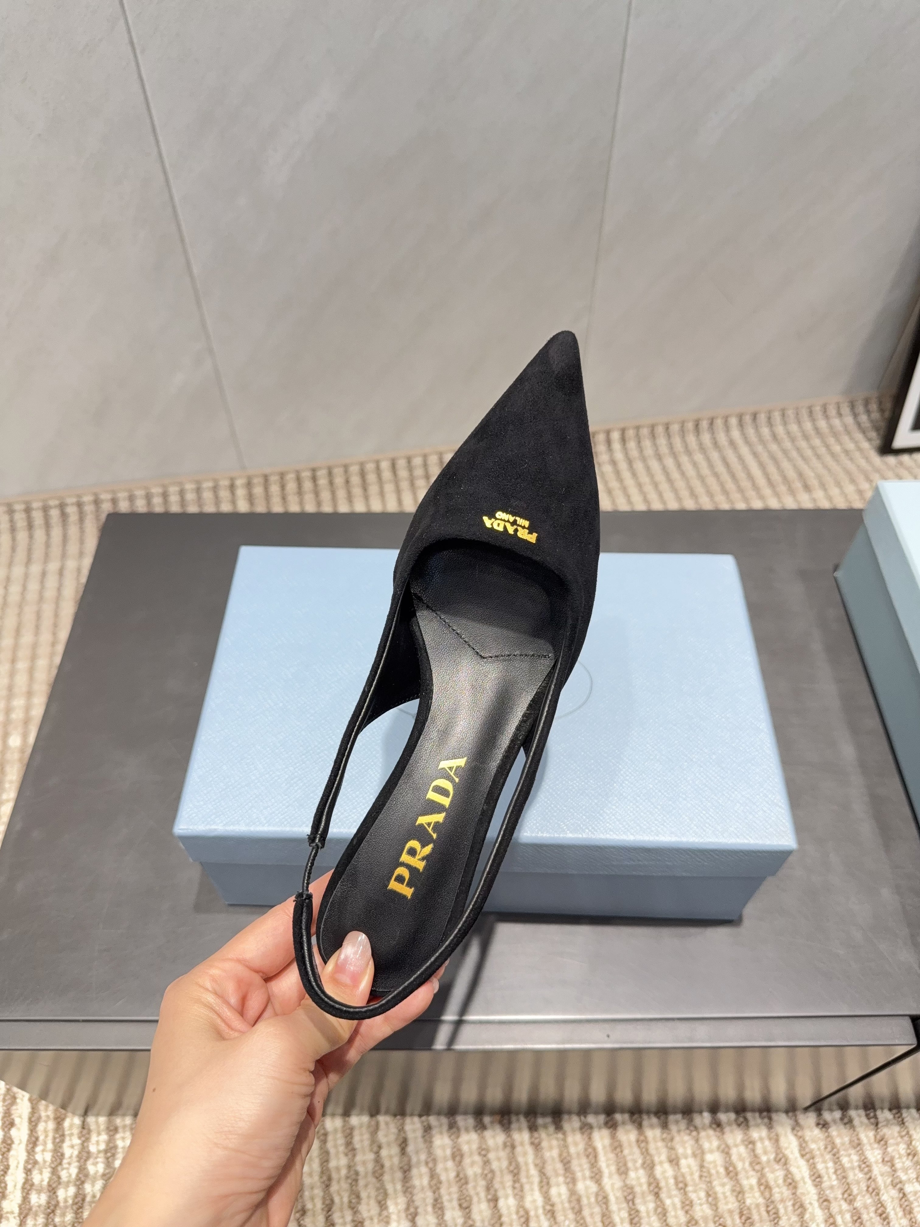 PRADA 26S POINTED TOE SLINGBACK HIGH HEELS 55MM IN BLACK SUEDE