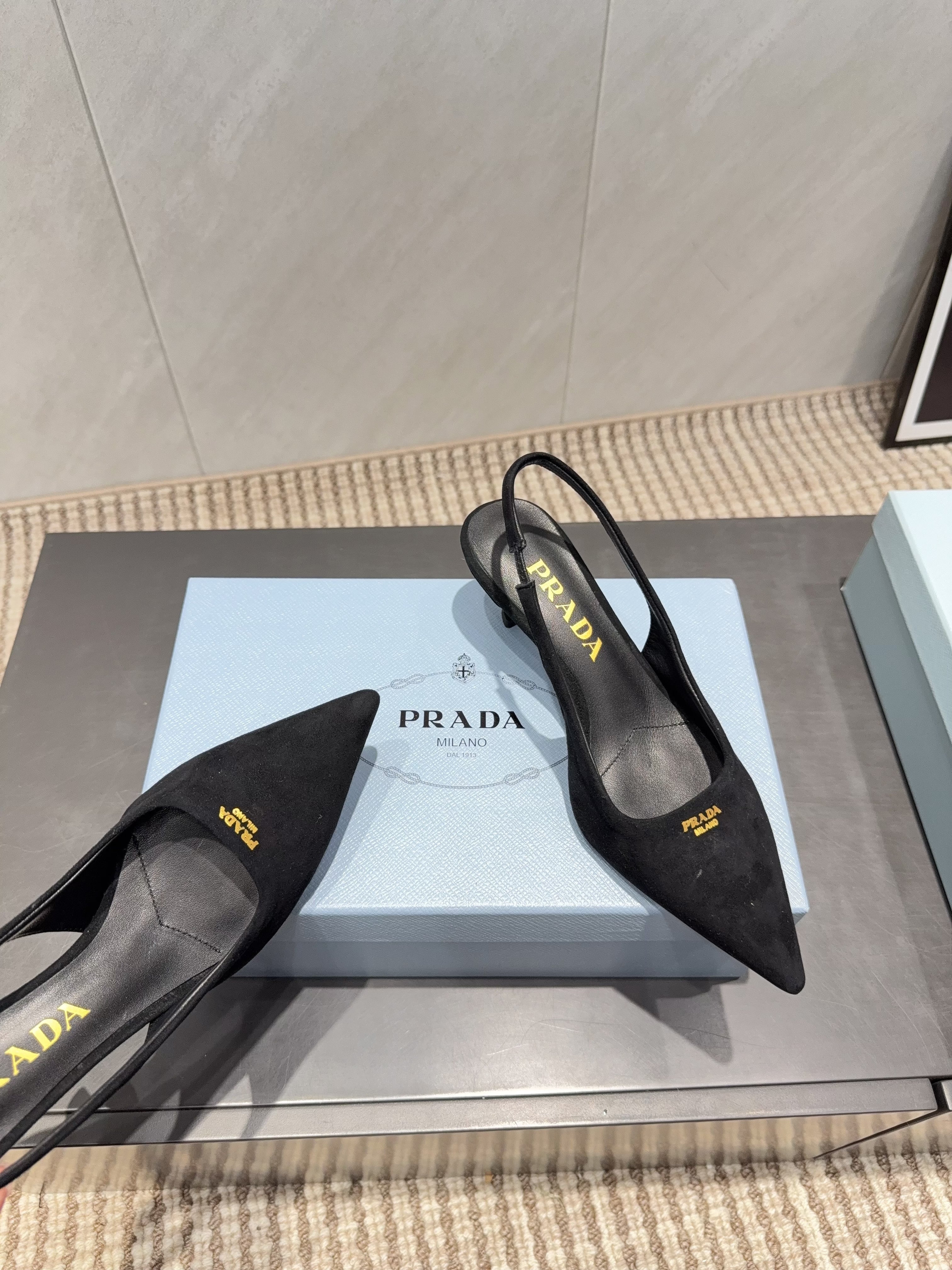 PRADA 26S POINTED TOE SLINGBACK HIGH HEELS 55MM IN BLACK SUEDE