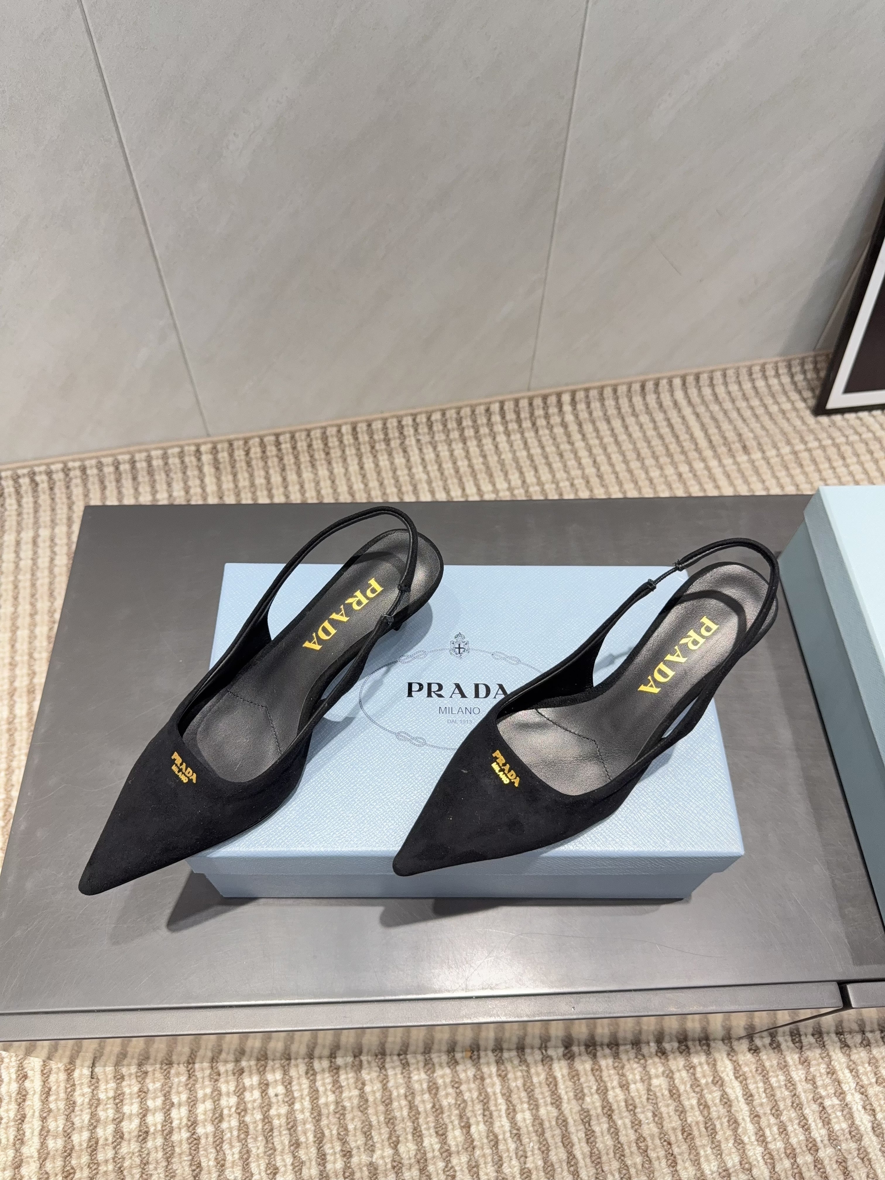 PRADA 26S POINTED TOE SLINGBACK HIGH HEELS 55MM IN BLACK SUEDE