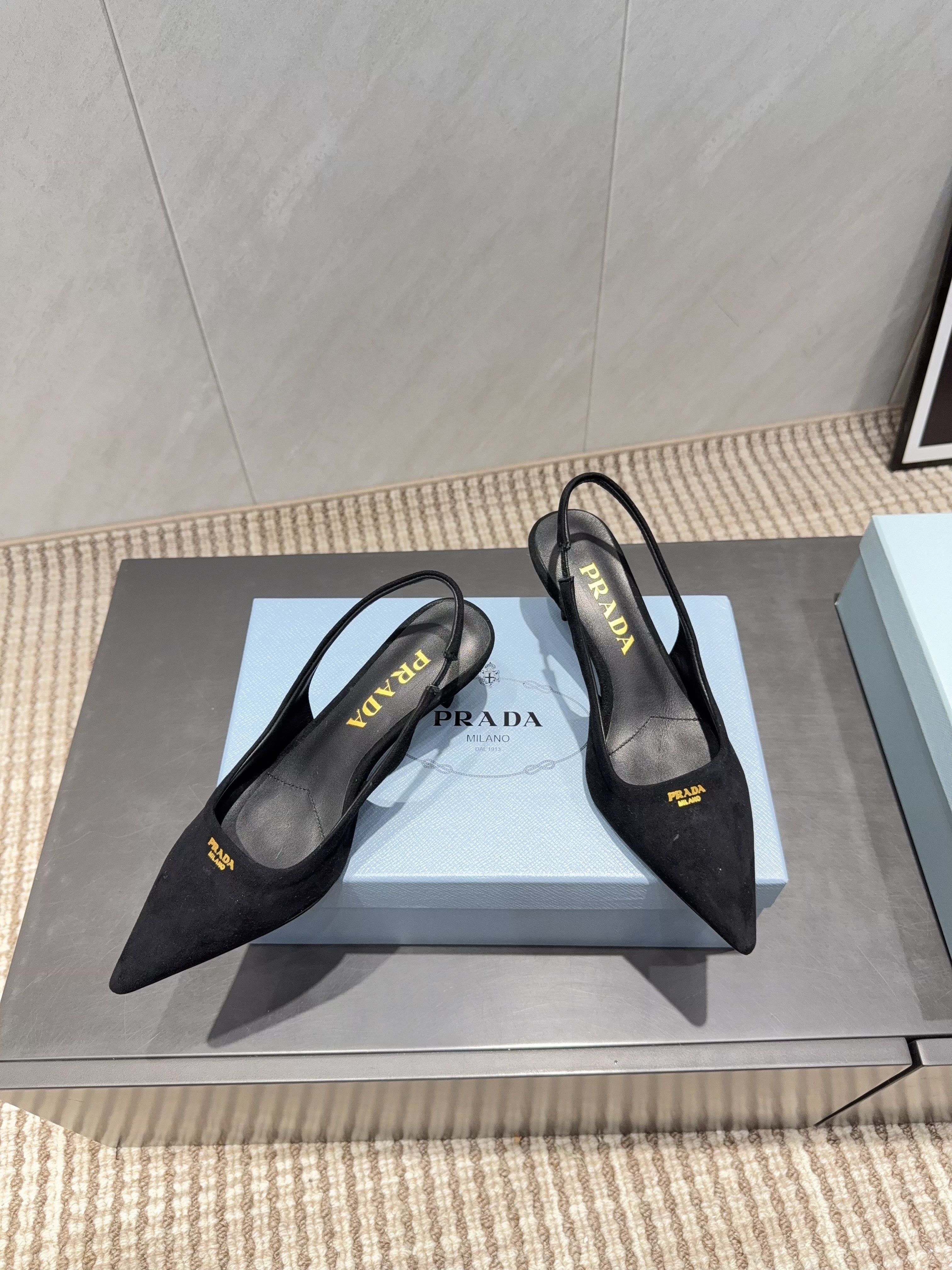 PRADA 26S POINTED TOE SLINGBACK HIGH HEELS 55MM IN BLACK SUEDE