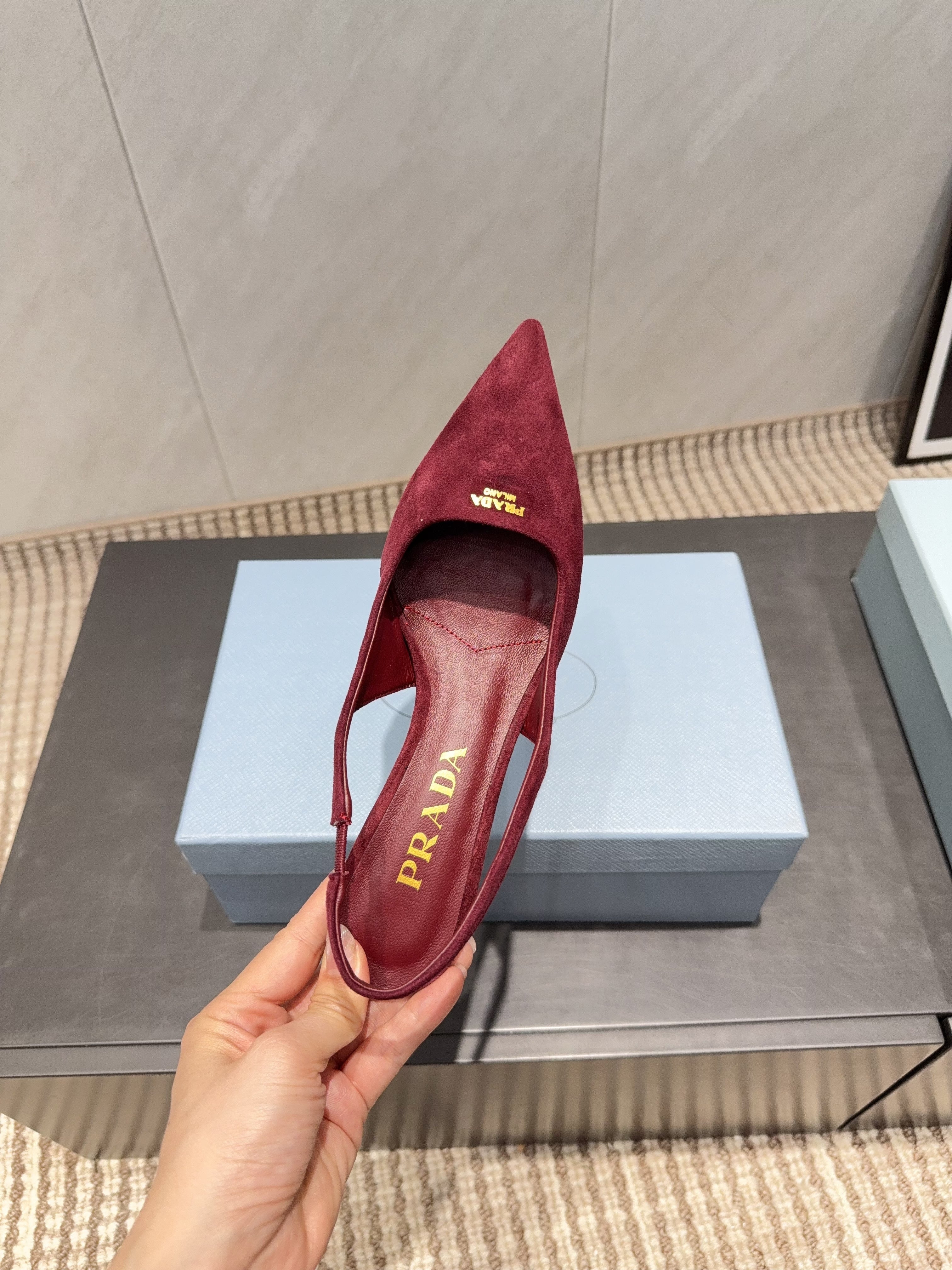 PRADA 26S POINTED TOE SLINGBACK HIGH HEELS 55MM IN DARK RED SUEDE