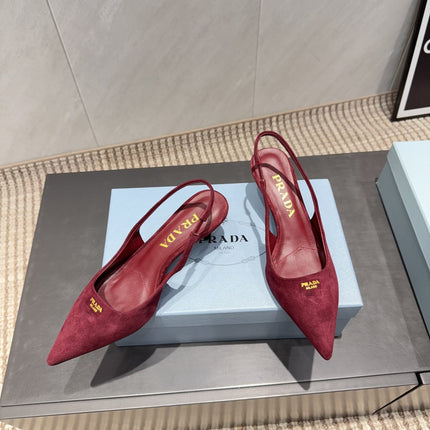 PRADA 26S POINTED TOE SLINGBACK HIGH HEELS 55MM IN DARK RED SUEDE