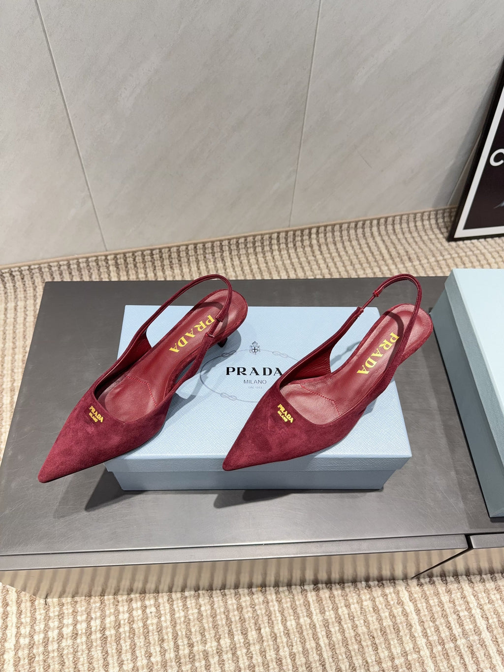 PRADA 26S POINTED TOE SLINGBACK HIGH HEELS 55MM IN DARK RED SUEDE