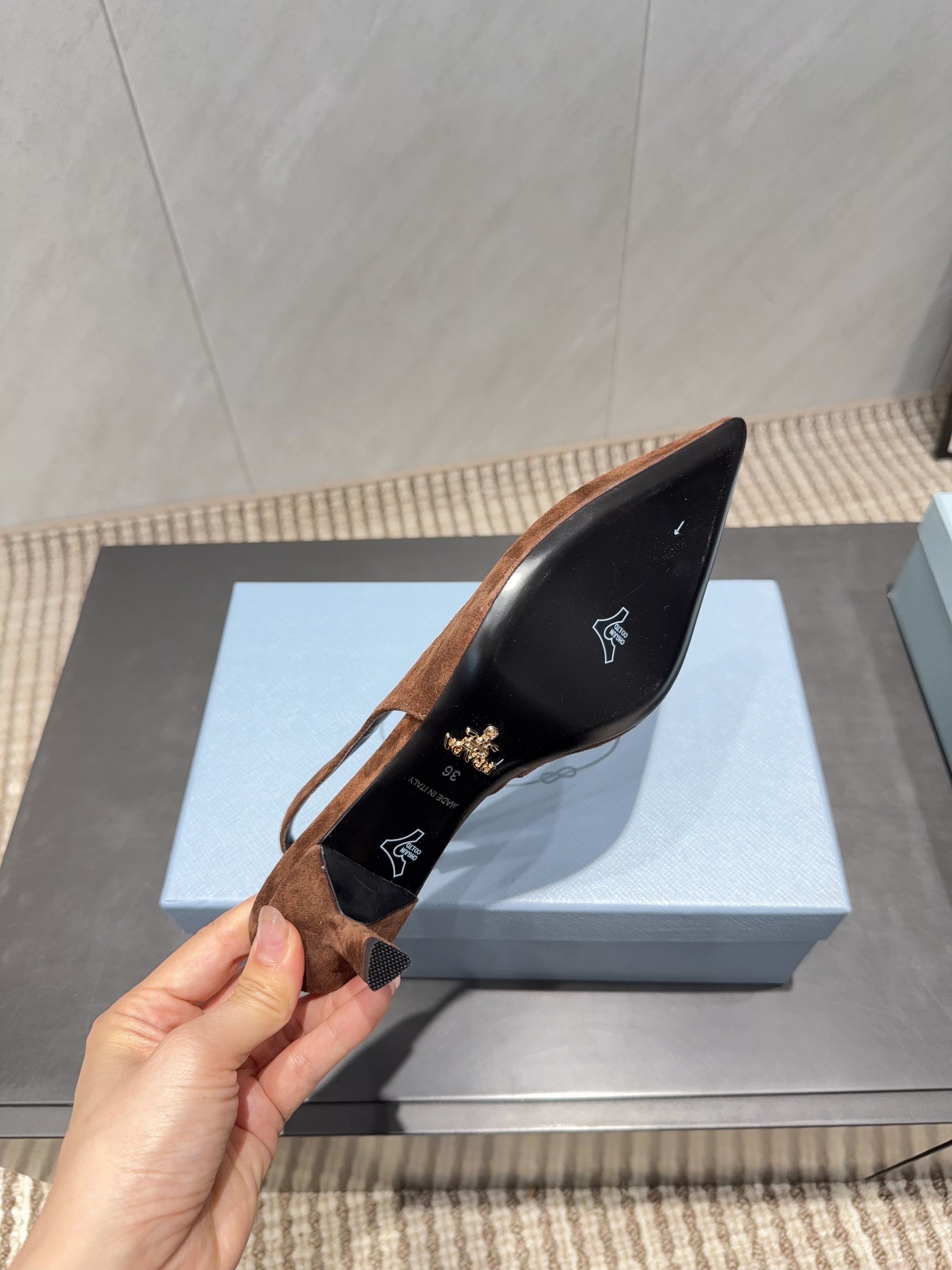 PRADA 26S POINTED TOE SLINGBACK HIGH HEELS 55MM IN BROWN SUEDE