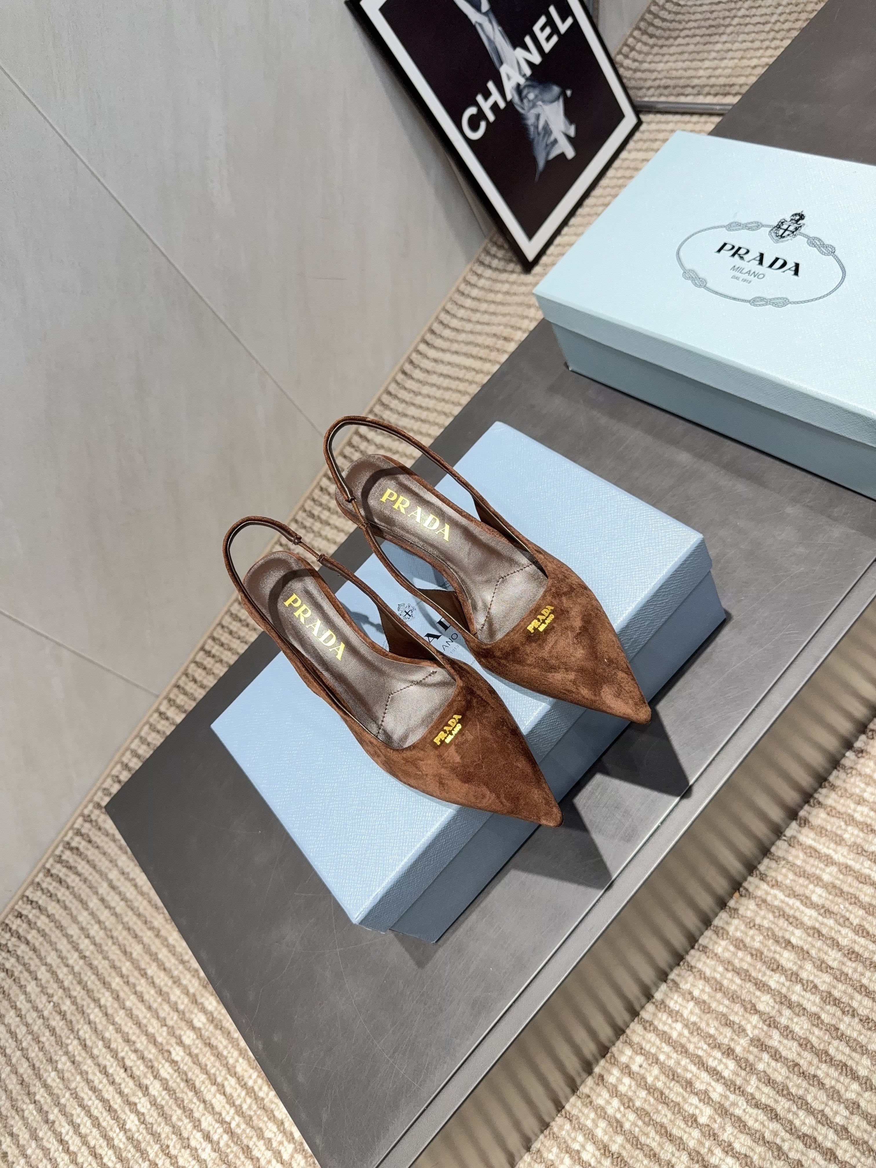 PRADA 26S POINTED TOE SLINGBACK HIGH HEELS 55MM IN BROWN SUEDE
