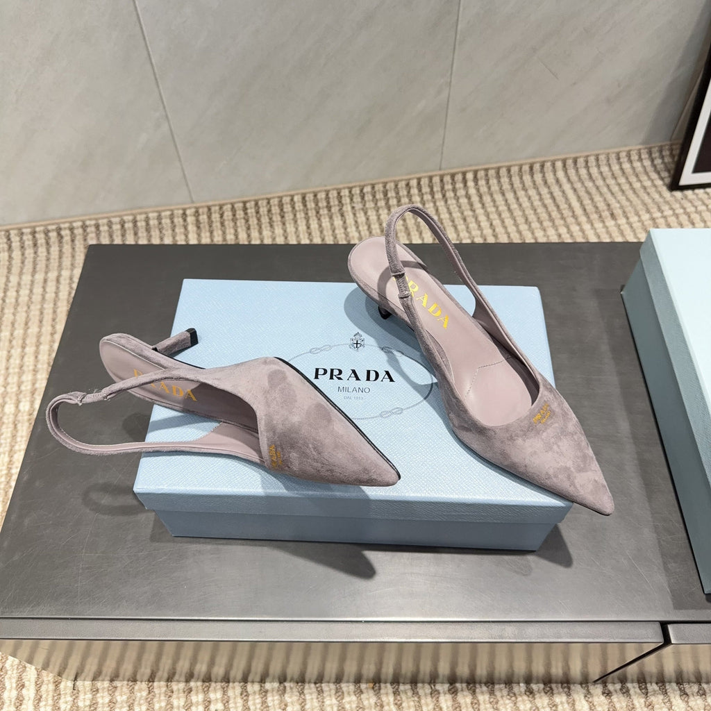 PRADA 26S POINTED TOE SLINGBACK HIGH HEELS 55MM IN TAUPE BROWN SUEDE