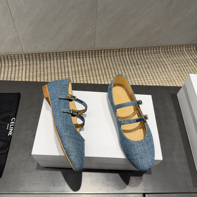 CELINE 26S BALLET FLATS IN BLUE DENIM