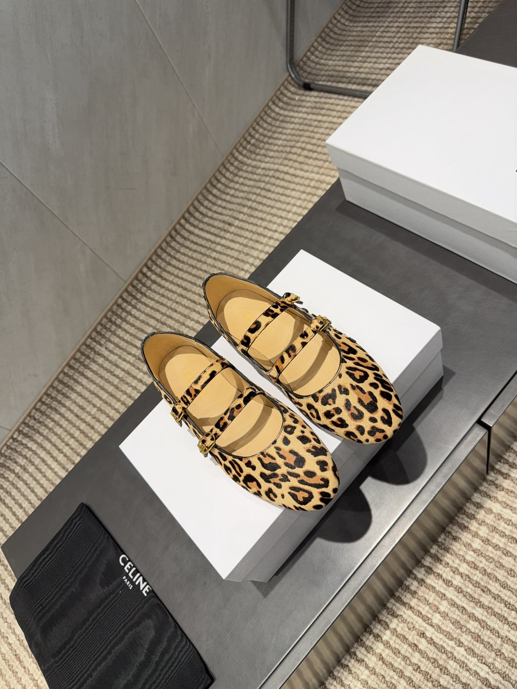 CELINE 26S BALLET FLATS IN LEOPARD PRINT FUR