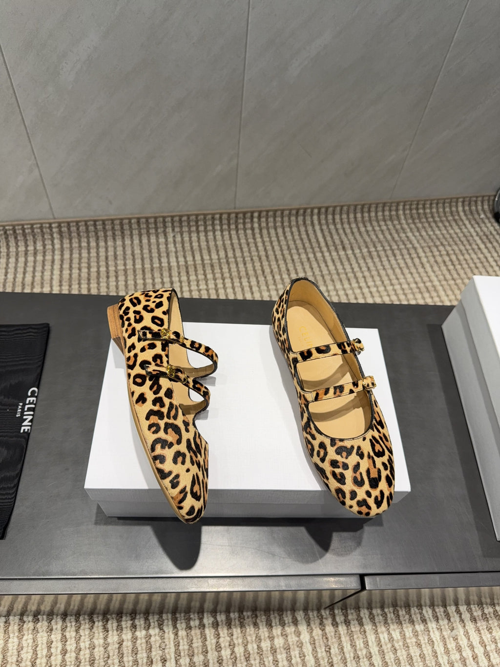 CELINE 26S BALLET FLATS IN LEOPARD PRINT FUR