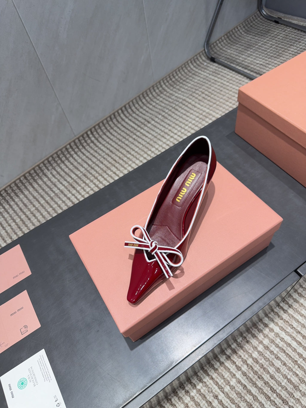 MIUMIU 26S POINTED TOE PUMPS 55MM IN DARK RED CALFSKIN WITH BOW