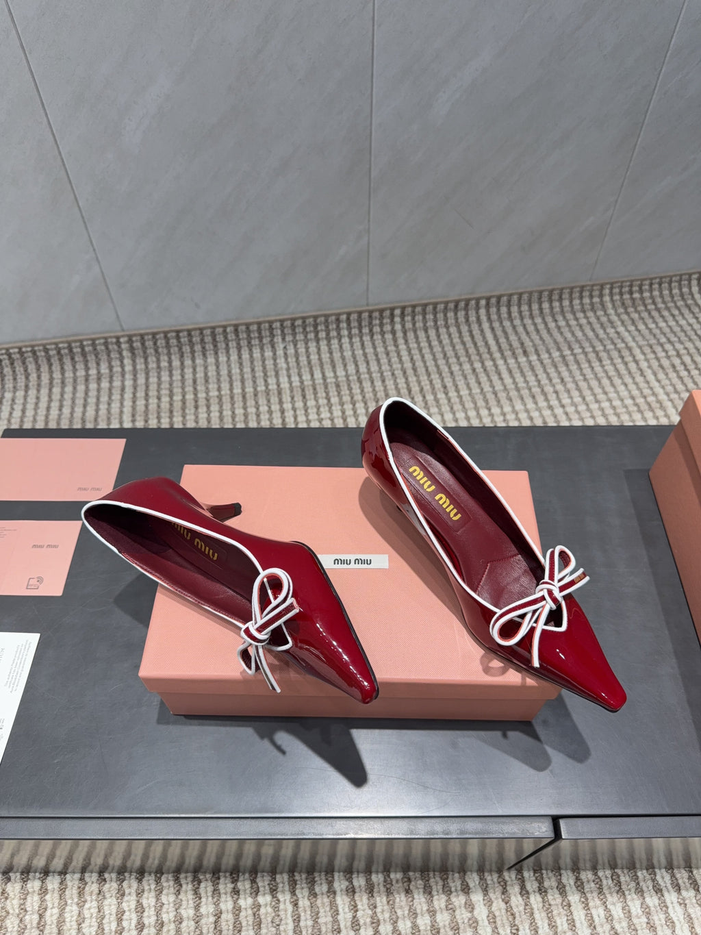 MIUMIU 26S POINTED TOE PUMPS 55MM IN DARK RED CALFSKIN WITH BOW