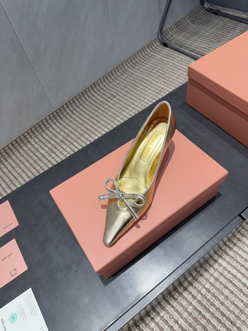 MIUMIU 26S POINTED TOE PUMPS 55MM IN GOLD CALFSKIN WITH BOW