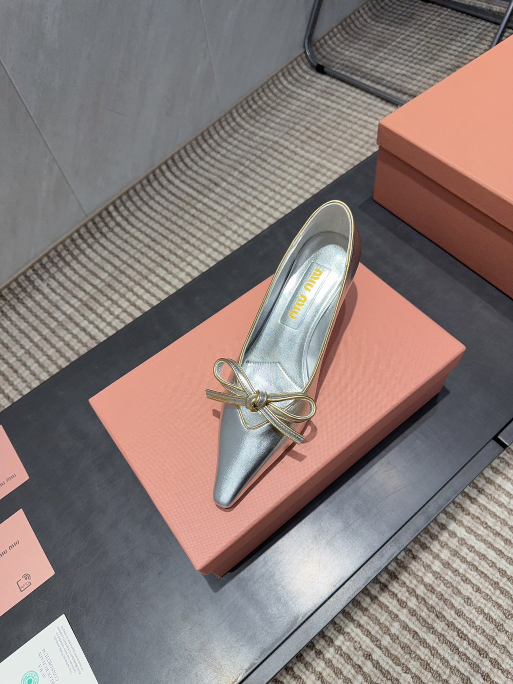 MIUMIU 26S POINTED TOE PUMPS 55MM IN SILVER CALFSKIN WITH BOW