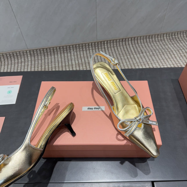 MIUMIU 26S SLINGBACK 55MM IN GOLD CALFSKIN WITH BOW