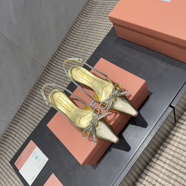 MIUMIU 26S SLINGBACK 55MM IN GOLD CALFSKIN WITH BOW
