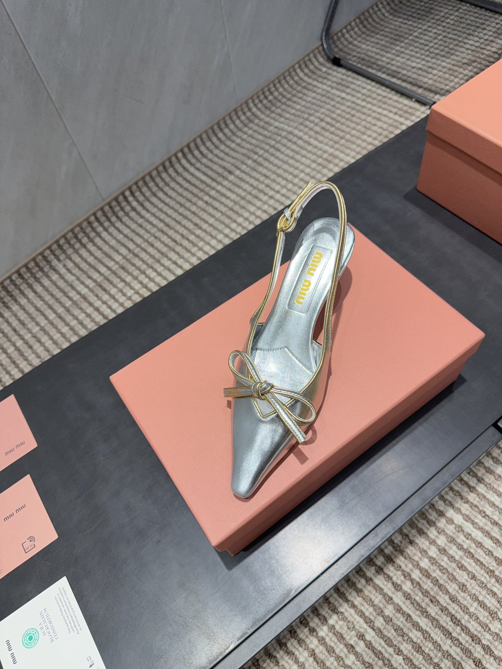 MIUMIU 26S SLINGBACK 55MM IN SILVER CALFSKIN WITH BOW