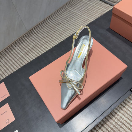 MIUMIU 26S SLINGBACK 55MM IN SILVER CALFSKIN WITH BOW
