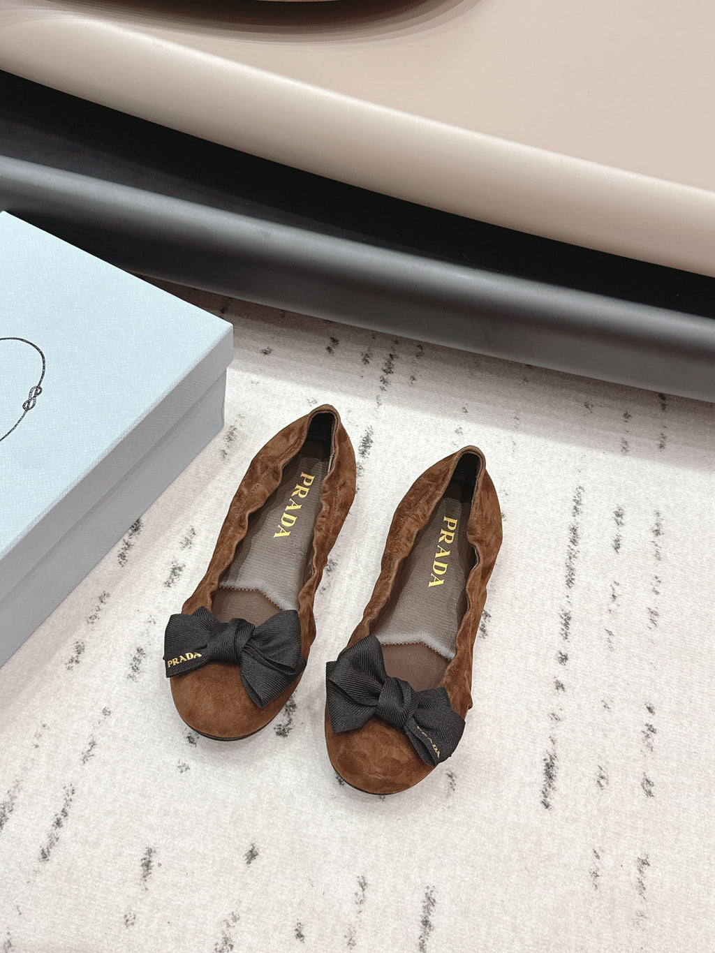 PRADA 26S ROUND TOE FLATS WITH BOW IN DARK BROWN SUEDE