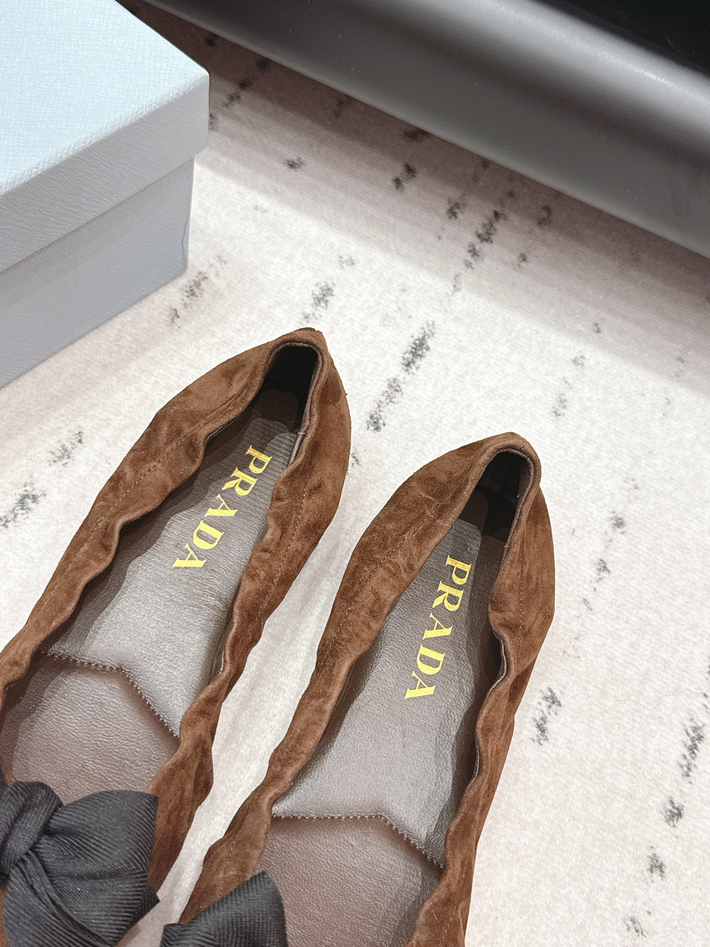 PRADA 26S ROUND TOE FLATS WITH BOW IN DARK BROWN SUEDE