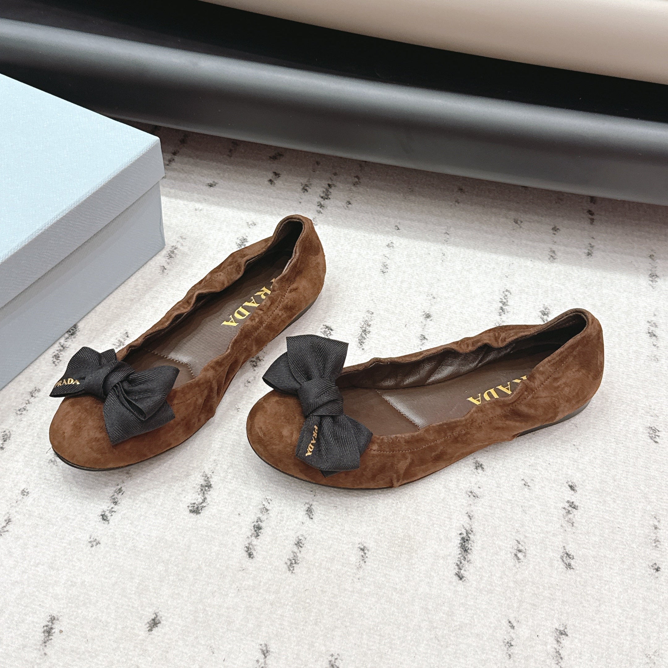 PRADA 26S ROUND TOE FLATS WITH BOW IN DARK BROWN SUEDE