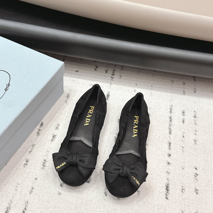 PRADA 26S ROUND TOE FLATS WITH BOW IN BLACK SUEDE