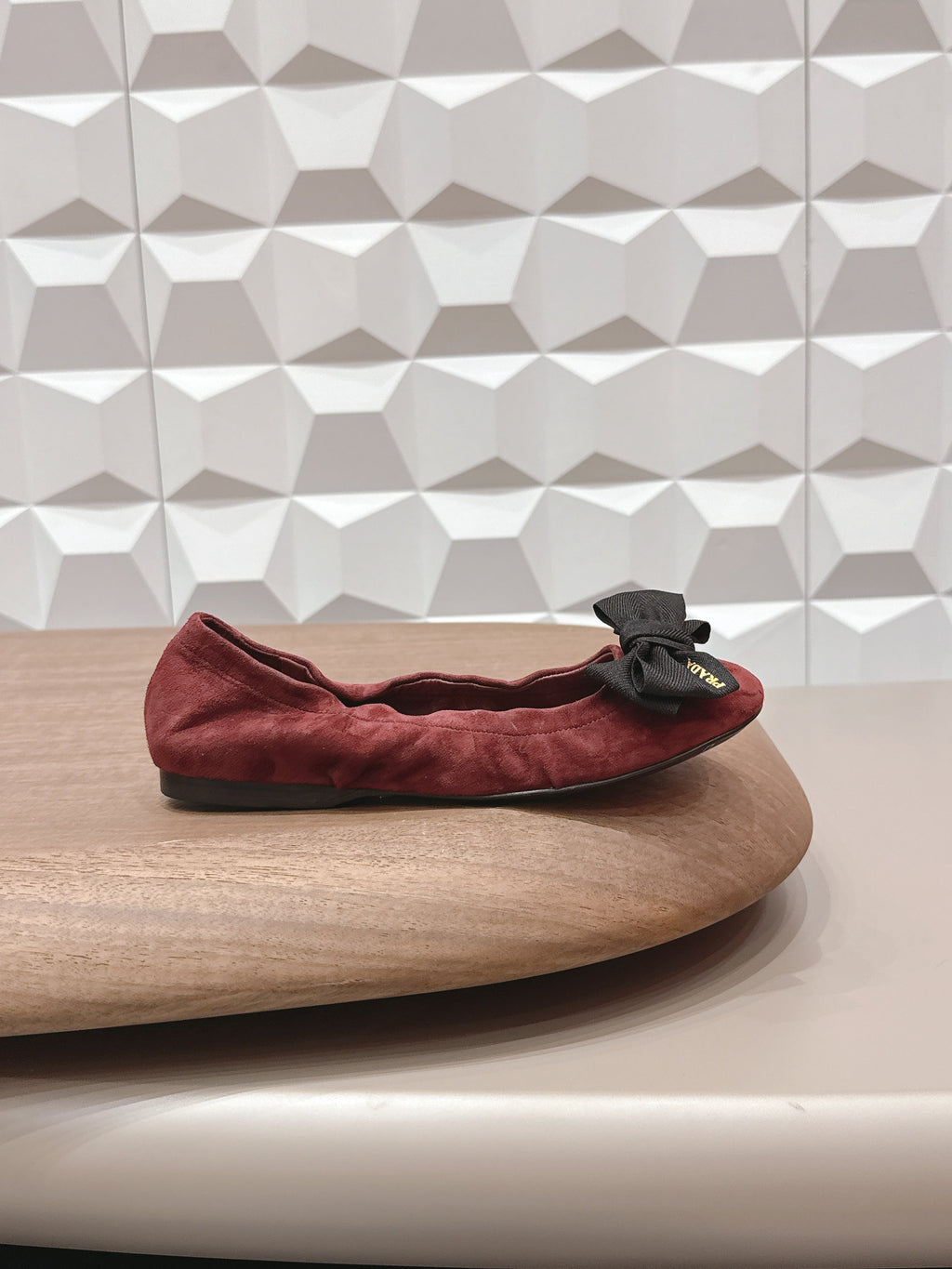 PRADA 26S ROUND TOE FLATS WITH BOW IN DARK RED SUEDE