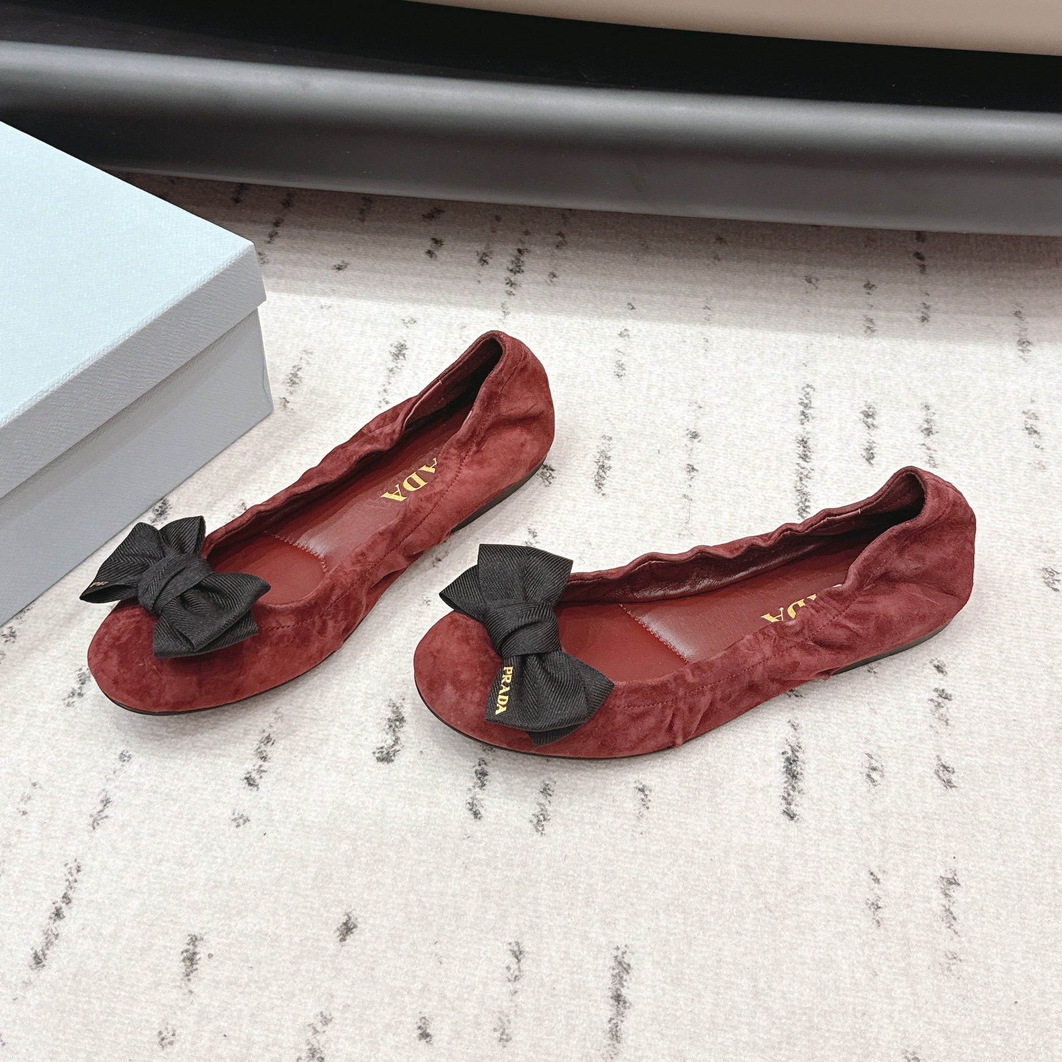 PRADA 26S ROUND TOE FLATS WITH BOW IN DARK RED SUEDE