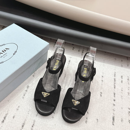PRADA 26S HEELED SANDALS 75MM IN BLACK SUEDE WITH LOGO