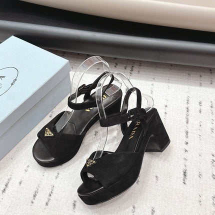 PRADA 26S HEELED SANDALS 75MM IN BLACK SUEDE WITH LOGO