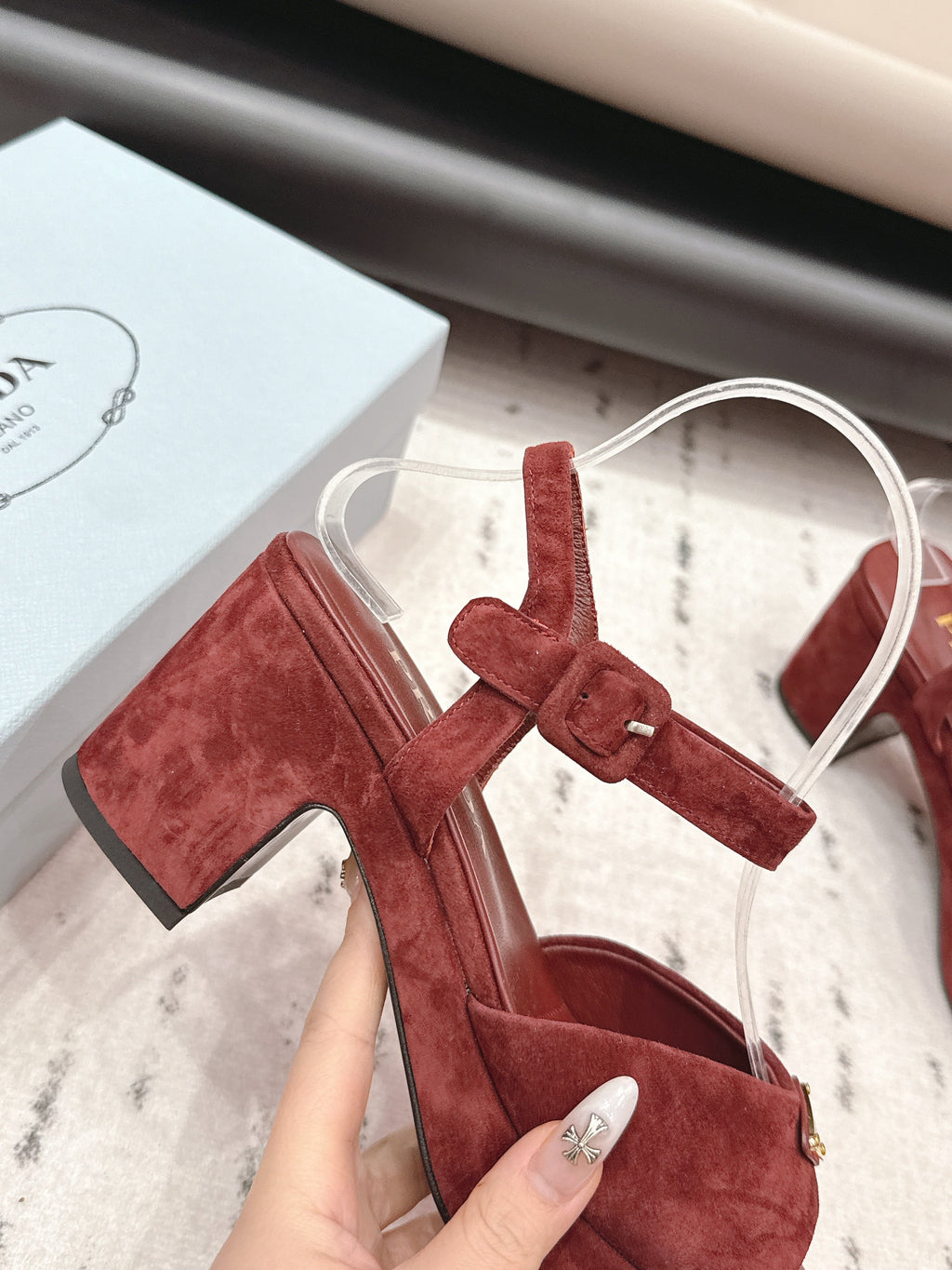 PRADA 26S HEELED SANDALS 75MM IN DARK RED SUEDE WITH LOGO