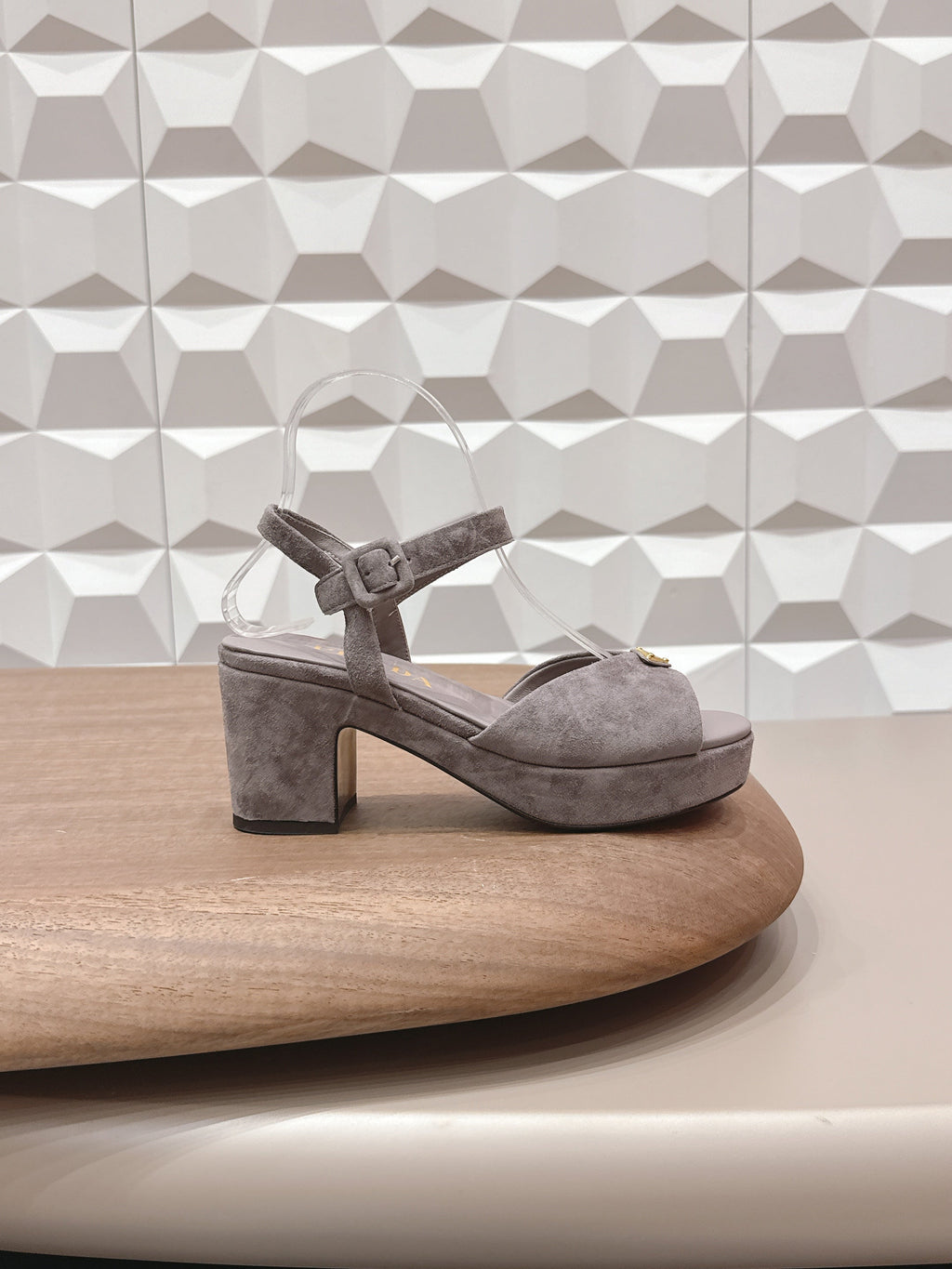 PRADA 26S HEELED SANDALS 75MM IN TAUPE BROWN SUEDE WITH LOGO