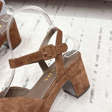 PRADA 26S HEELED SANDALS 75MM IN CARAMEL BROWN SUEDE WITH LOGO