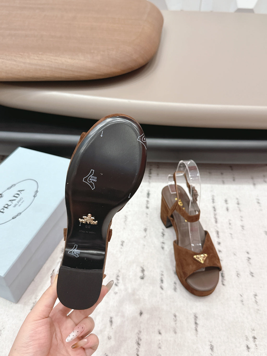 PRADA 26S HEELED SANDALS 75MM IN CARAMEL BROWN SUEDE WITH LOGO